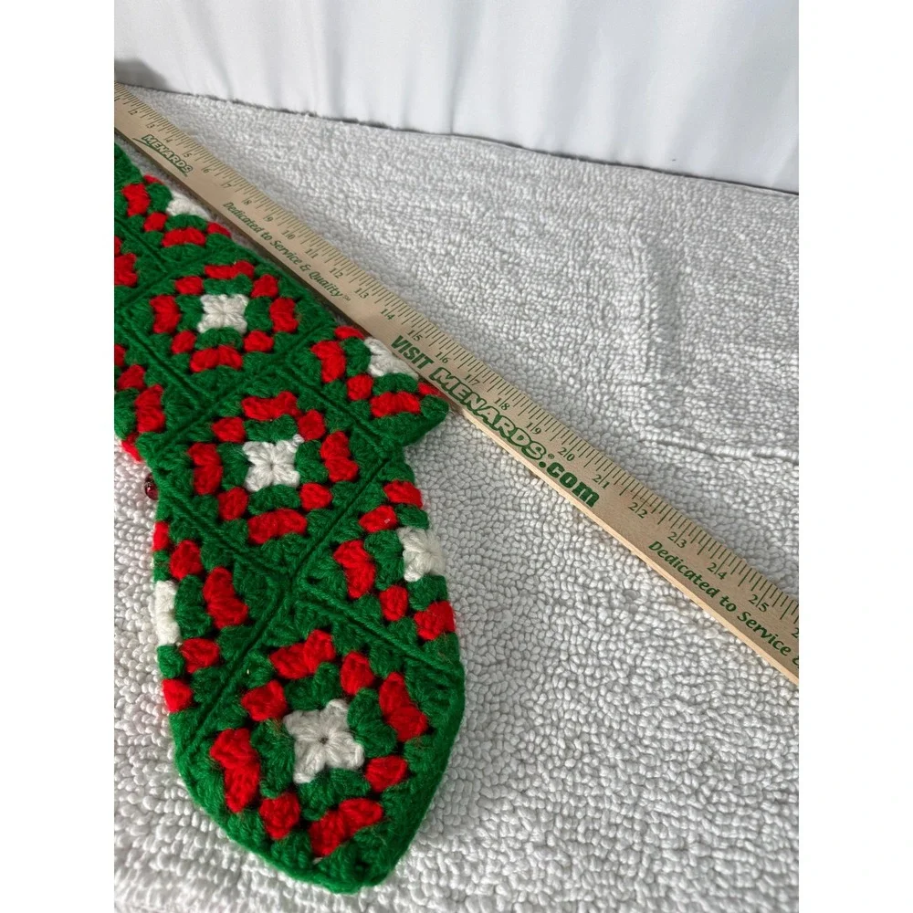 VTG Hand Crocheted Christmas Stockings Red Green White Holly Star Motif Set of 2